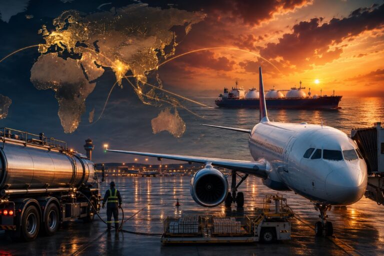 Airplane at the gate being refueled by a tanker truck, with a glowing world map and ships on the sunset sea in the background, illustrating global logistics.