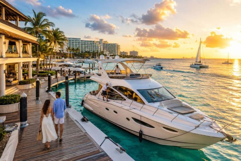 A couple in summer outfits walk along a wooden dock toward a white luxury yacht at sunset, with palm trees and resort buildings in the background.