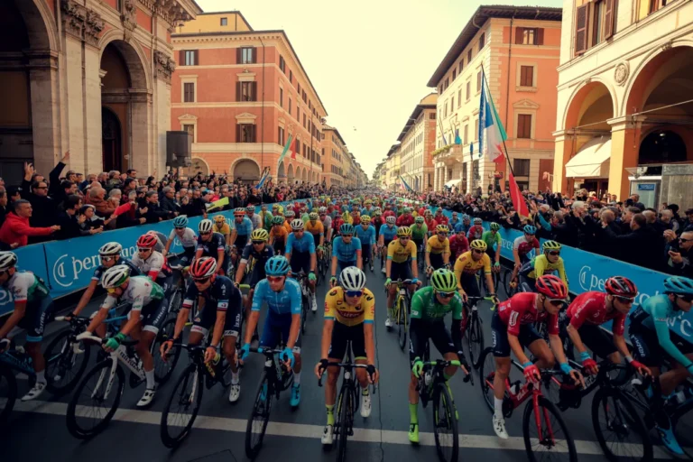 Professional cyclists in a crowded city race, riding in a dense peloton along a street lined with spectators and blue barriers adorned with logos.