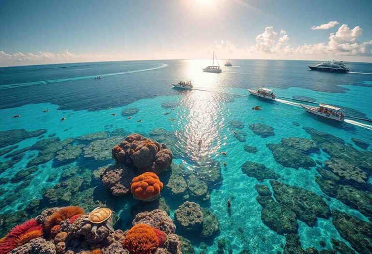 Aerial view of a turquoise tropical bay with a coral reef in the foreground and several boats cruising on the water under a bright sun