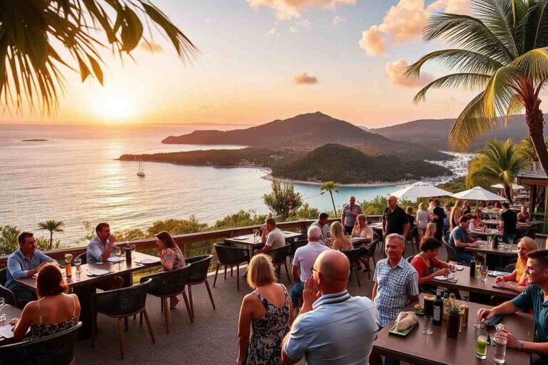 Sunset-view restaurant patio with diners seated at tables overlooking the ocean and a distant island.