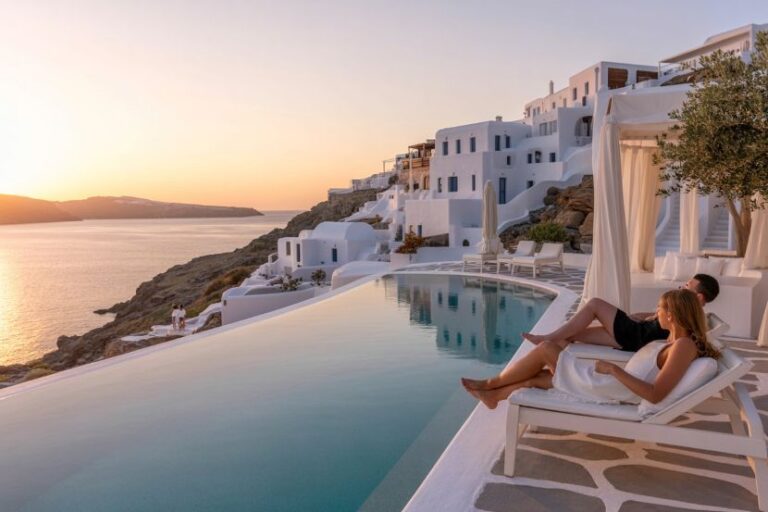 Couple relaxing on lounge chairs by an infinity pool overlooking a sunset coastline of white-washed buildings. (Santorini resort)