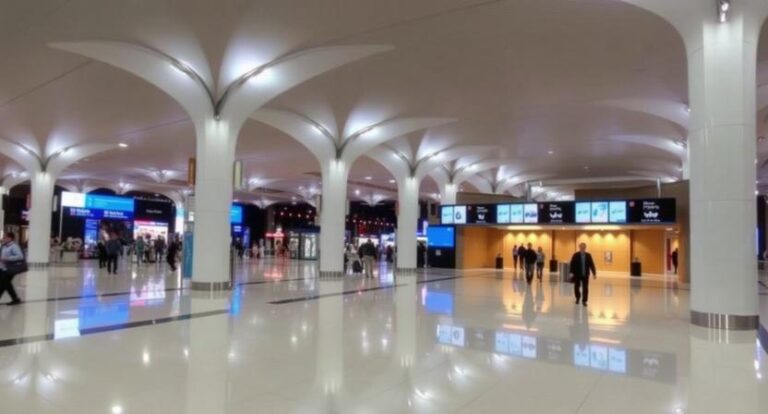 Airport terminal interior with white glossy floor, tall curved columns, and overhead digital signs as travelers walk through the concourse.