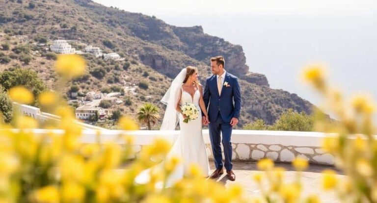Bride in a white wedding gown with a bouquet and a groom in a navy suit stand together on a terrace with a cliffside backdrop and yellow flowers in the foreground.