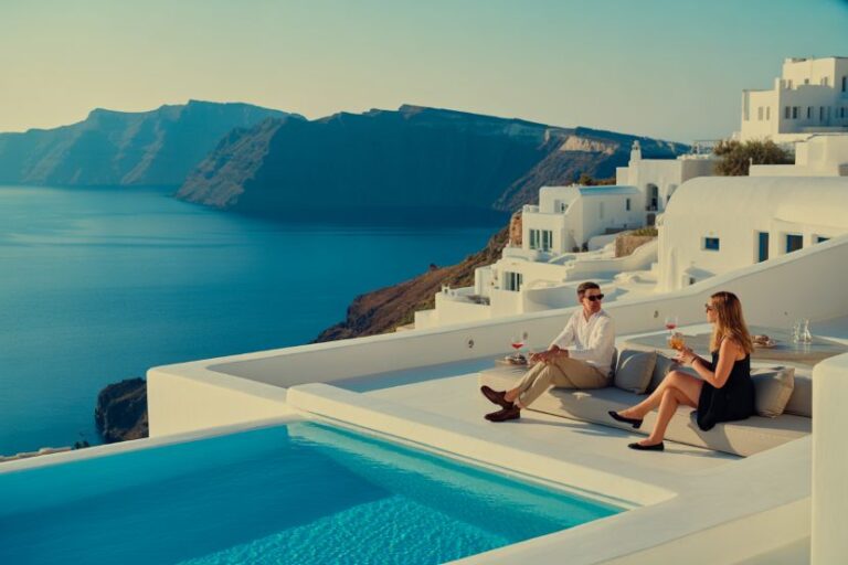 Couple relaxing on a white terrace beside an infinity pool, holding wine glasses with the blue Aegean and cliffside white buildings in the background.