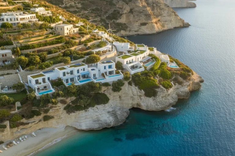 White cliffside villas with private pools perched above turquoise sea in a coastal resort setting.