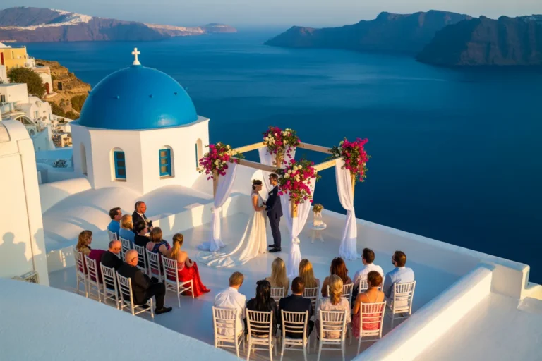 Wedding ceremony on a white terrace in Santorini with a blue-domed church and the Aegean Sea in the background?