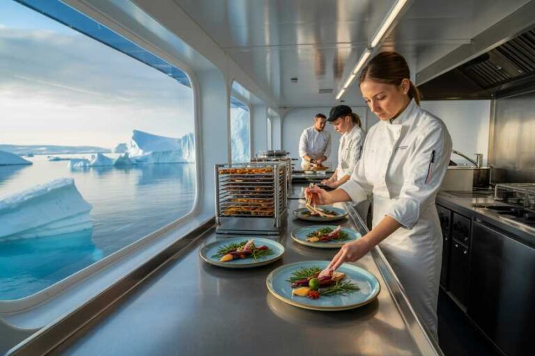 Chef in a white uniform plates dishes along a stainless steel counter in a shipboard galley, with ocean and icebergs visible through the windows.