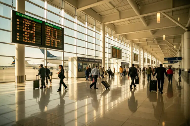 Busy airport terminal with travelers pulling wheeled luggage past departure boards and a parked airplane outside the glass wall areas in the distance.