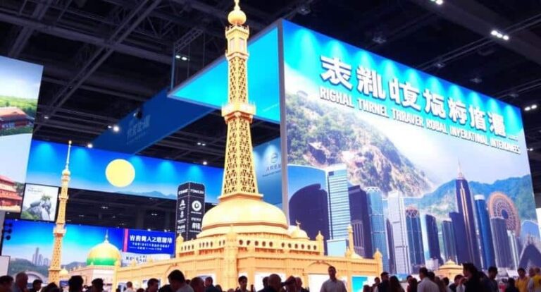 Expo booth with a tall golden pagoda replica in front of blue banners and a city skyline backdrop.