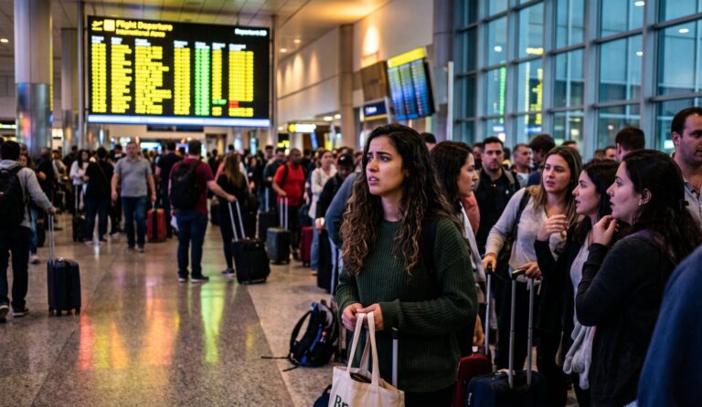 Crowded airport terminal with travelers standing in line and carrying luggage, a large flight information board visible in the background.