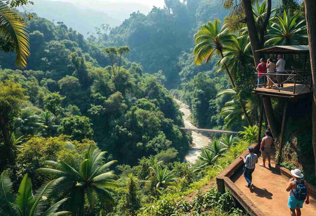Tourists stand on a wooden viewing deck along a cliff in a tropical rainforest, overlooking a lush river valley and bridge below.