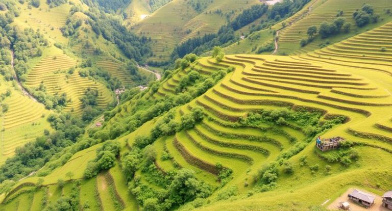 Green terraced rice fields winding across a mountainous landscape