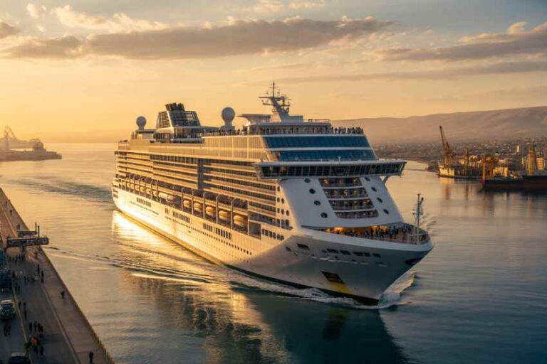 Large white cruise ship sailing into a harbor at sunset, with passenger decks illuminated and port cranes in the background.
