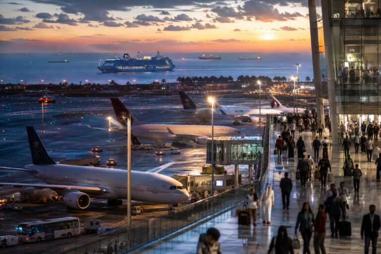 Sunset at a busy airport: passengers walk along a glass-walled terminal while airplanes are parked and serviced on the tarmac.