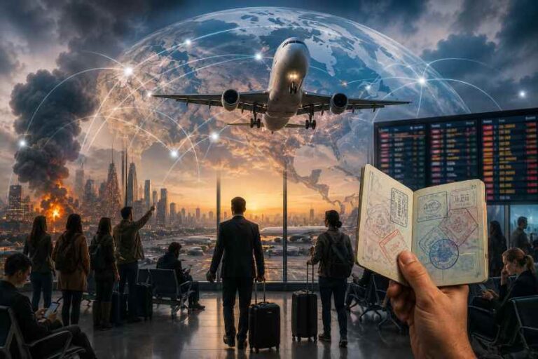 Airport terminal scene with a jet taking off over a glowing globe and network lines, travelers waiting with luggage beneath a sunset.