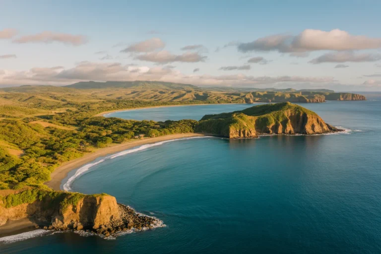Aerial view of a crescent-shaped beach along a turquoise bay, with green hills and rocky headlands.