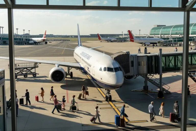 Passenger jet at a gate with a jet bridge attached, while travelers with suitcases walk along the tarmac outside the terminal.