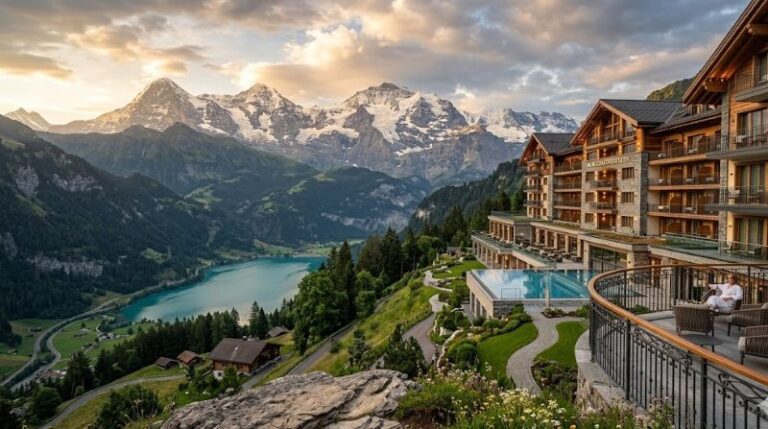 Alpine mountain resort with wooden balconies overlooking a turquoise lake and snow-capped peaks, sunset sky above.