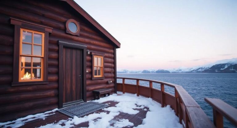 Log cabin on a snowy deck overlooking a calm body of water with distant snow-capped mountains at dusk