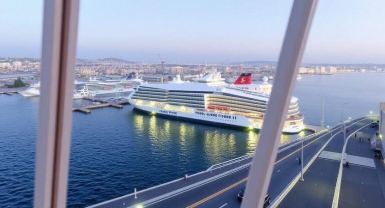 Harbor scene with two large white cruise ships docked, viewed from a windowed vantage along a waterfront promenade.