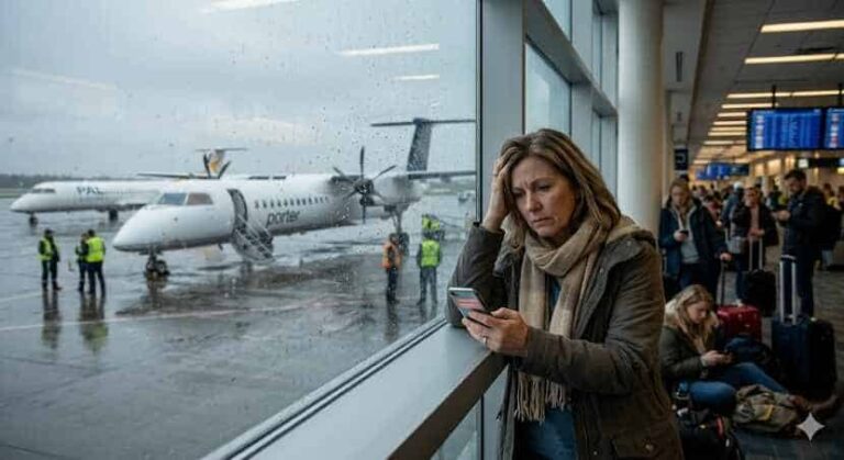 Woman at an airport window in the rain, scrolling on her phone as a small plane sits at the gate outside.