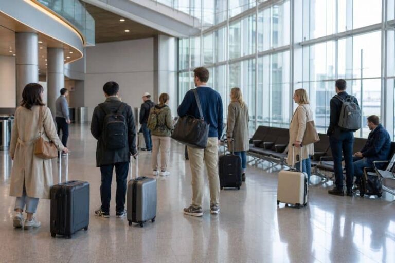 Travelers with rolling suitcases stand in a bright airport terminal near large windows, waiting or lining up for check-in/boarding.