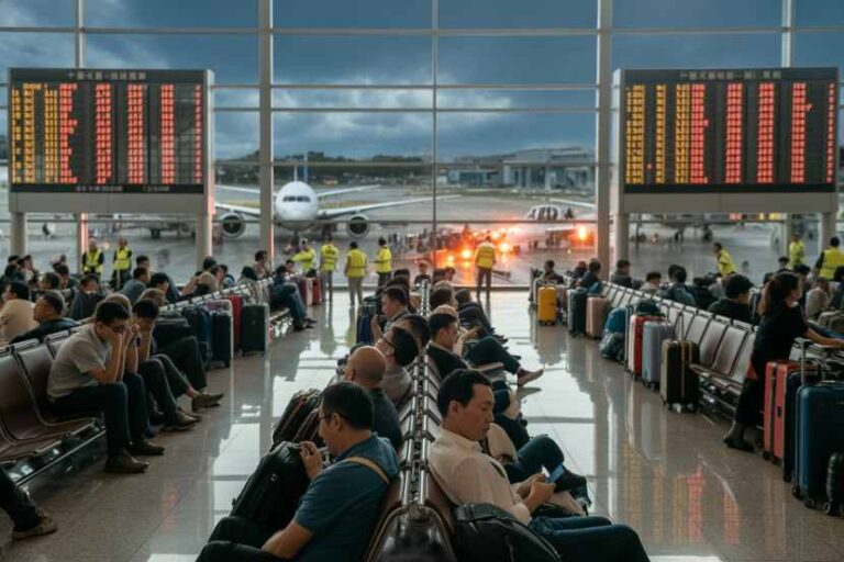 Busy airport terminal with travelers seated and luggage as planes sit on the tarmac outside the windows.