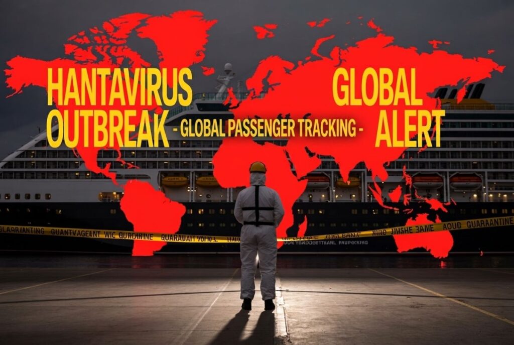 Hazmat-suited figure stands before a red world map overlay on a cruise ship, with threat text: 'Hantavirus Outbreak - Global Passenger Tracking - Global Alert' and caution tape across the scene.