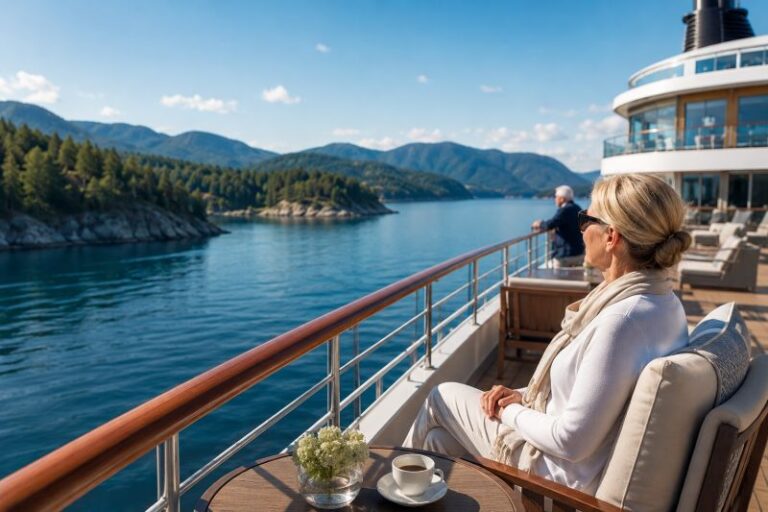 Woman in sunglasses sits on a cruise ship deck, gazing at calm blue water and forested mountains ahead.