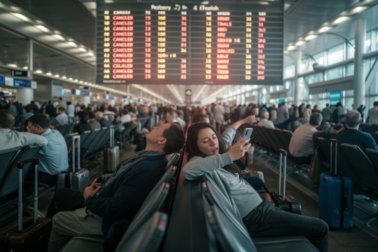 Two travelers sit in a crowded airport terminal; the woman takes a selfie while the man rests beside her, with a large departure board overhead.
