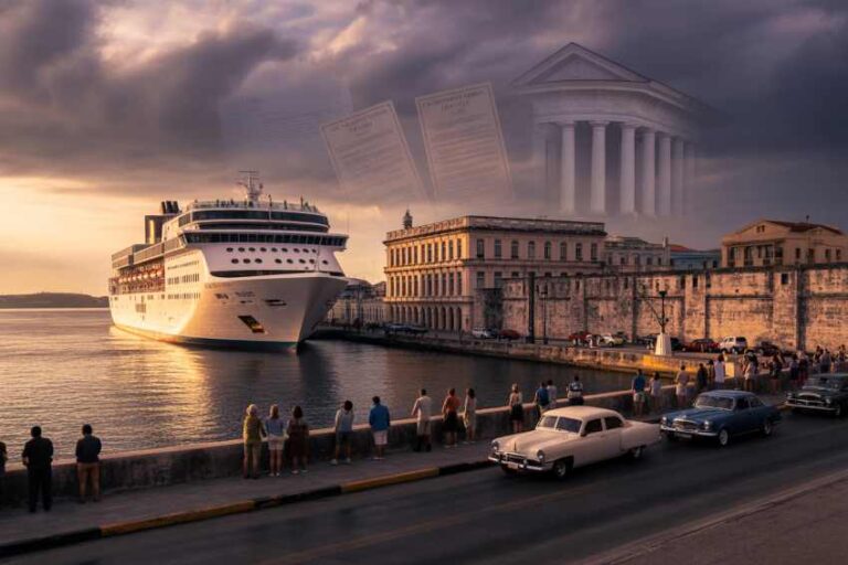 Cruise ship docked at a historic waterfront at sunset, with spectators along the quay and vintage cars on the road nearby.