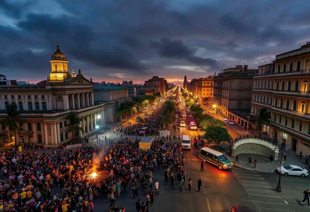Large crowd protests on a broad city street at dusk; a bonfire burns in the foreground beside historic buildings.