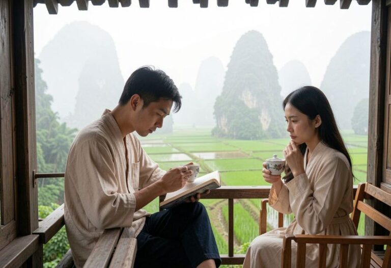 Man reads a book while a woman sips tea on a wooden balcony overlooking terraced rice fields and distant karst hills.
