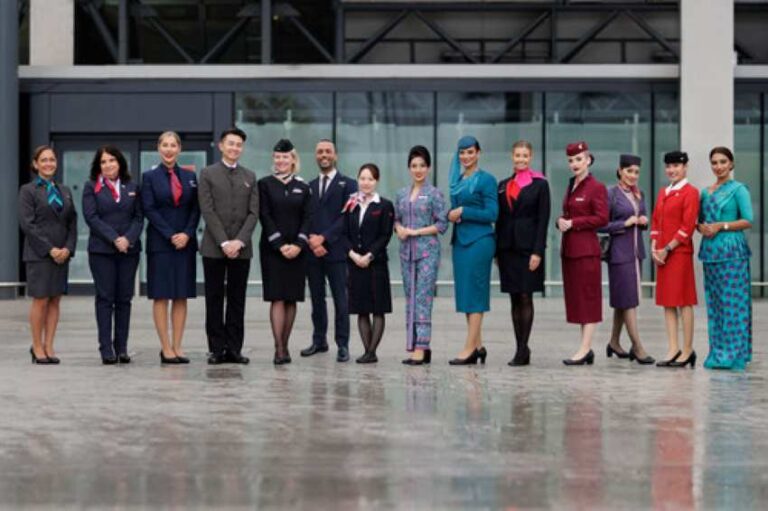 Diverse group of flight attendants in colorful uniforms standing in a line outside a modern terminal.