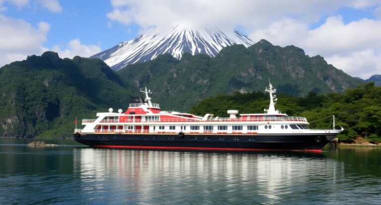 Large white-and-red yacht on calm water with lush green hills and a snow-capped mountain in the background