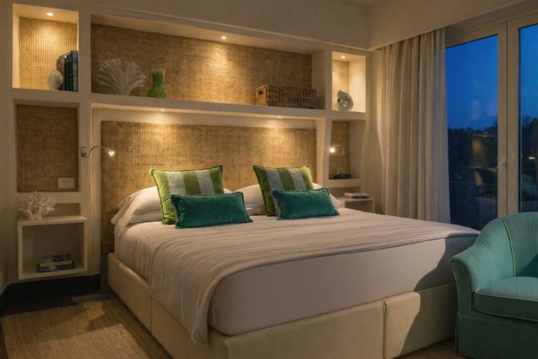 A plush hotel bedroom with a white-covered king bed, green and teal pillows, and built-in shelves with warm lighting behind the headboard.