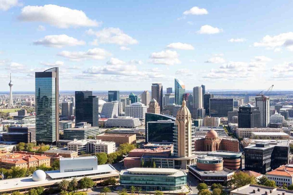 City skyline with numerous glass skyscrapers under a blue sky with scattered clouds.