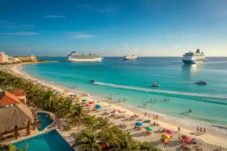 Tropical beach with turquoise water, palm trees, and colorful umbrellas; several cruise ships anchored offshore in the blue sea.