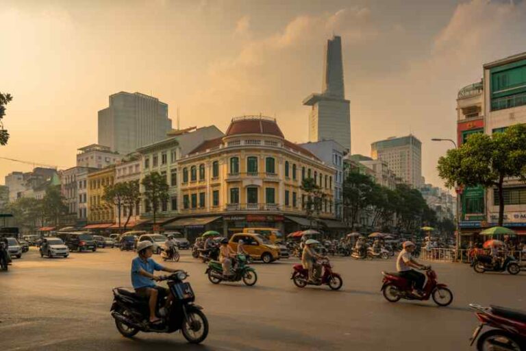 Busy city intersection at golden hour with motorbikes and cars and a yellow colonial building in the center.