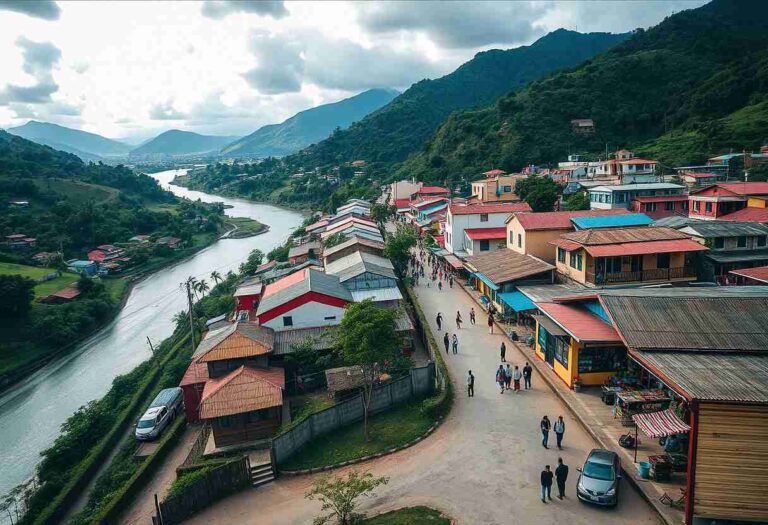 A riverside mountain village with colorful houses lining a street and people walking along the promenade.