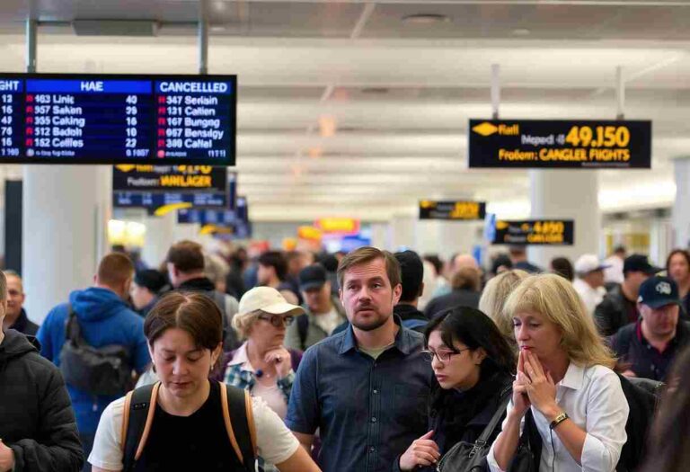 Crowded airport terminal with travelers walking under illuminated departure boards displaying destinations and gate information.