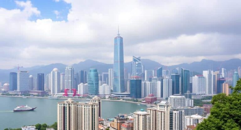 Skyline of a modern harbor city with numerous skyscrapers, a tall central tower, ferries on the water, and mountains in the distance