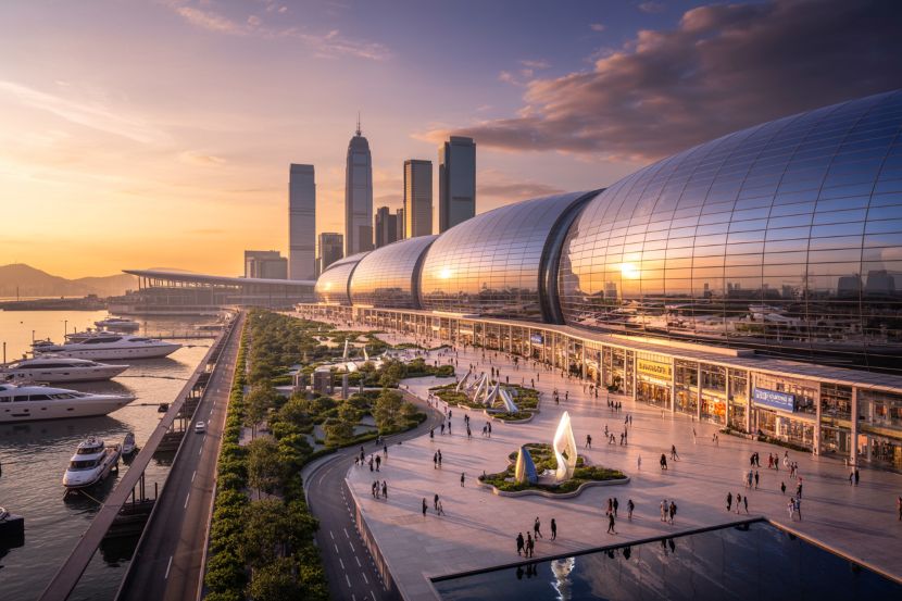 Sunset at a modern harbor esplanade with a long curved glass pavilion, boats in the marina, and a distant city skyline of tall skyscrapers.