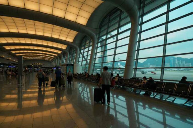 Airport terminal with passengers waiting along row of seats and a plane visible outside the windows.