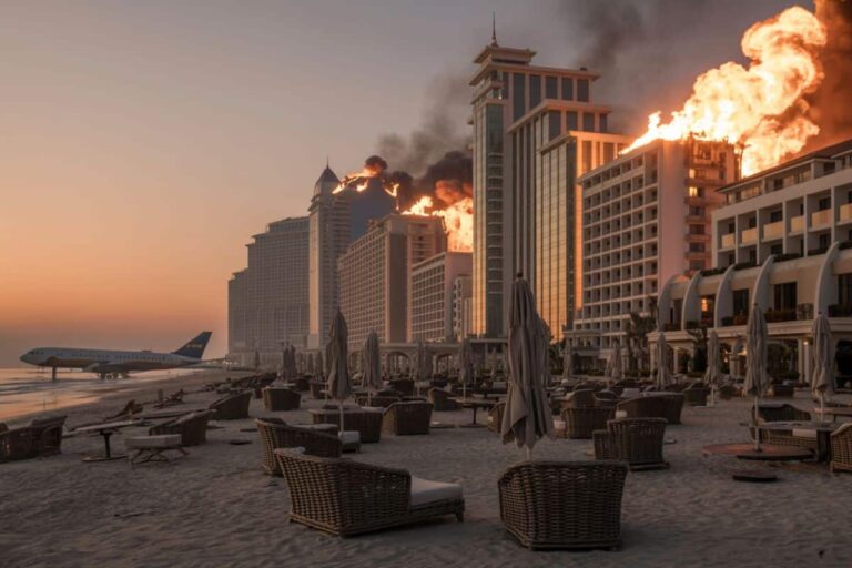 Fire engulfs a row of hotel towers on the beach at sunset; an airplane sits near the waterline.