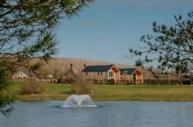 Pond with a fountain in a park, green grass and a row of tan houses with red roofs in the background.