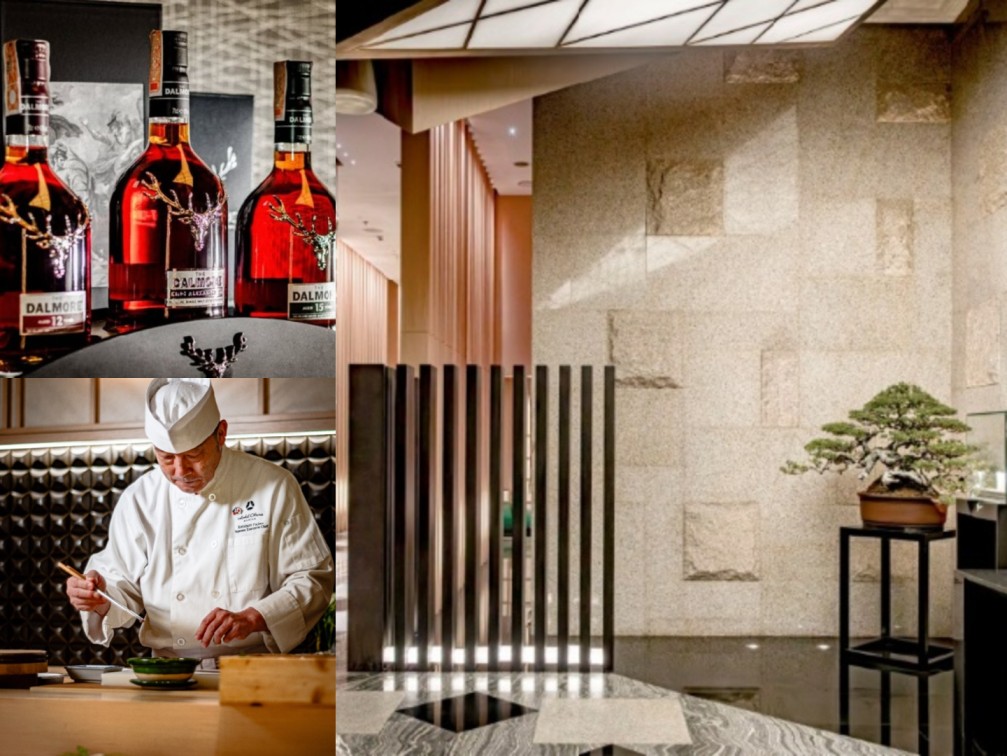 Collage showing whiskey bottles on a bar, a chef plating food, and a modern lobby with a bonsai.