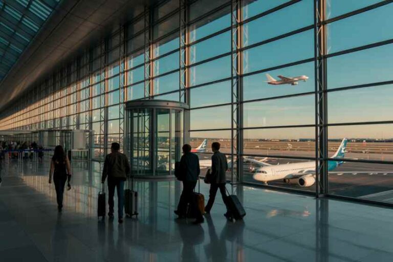Inside a modern airport terminal with travelers waiting and planes on the tarmac outside the glass wall.