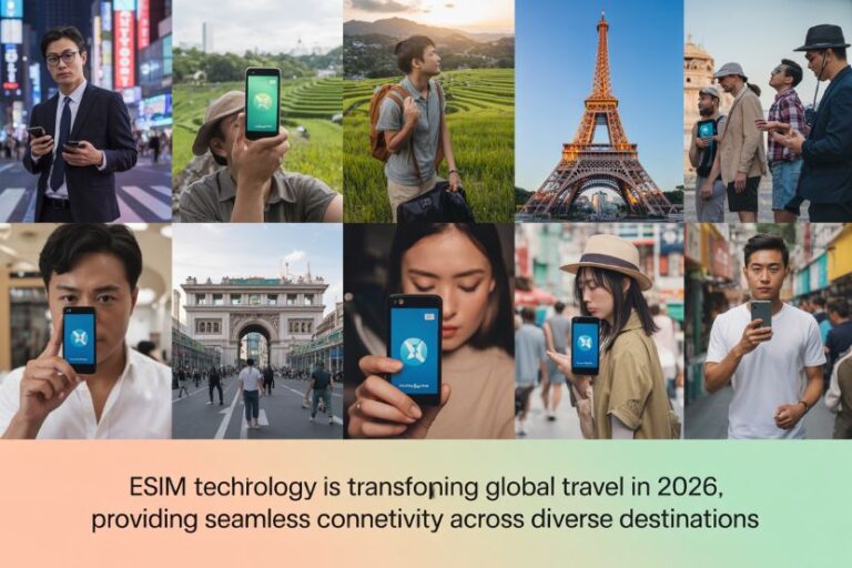 Diverse travelers using smartphones with eSIM across urban and travel settings, including a view of the Eiffel Tower and arch landmarks, promoting seamless connectivity.